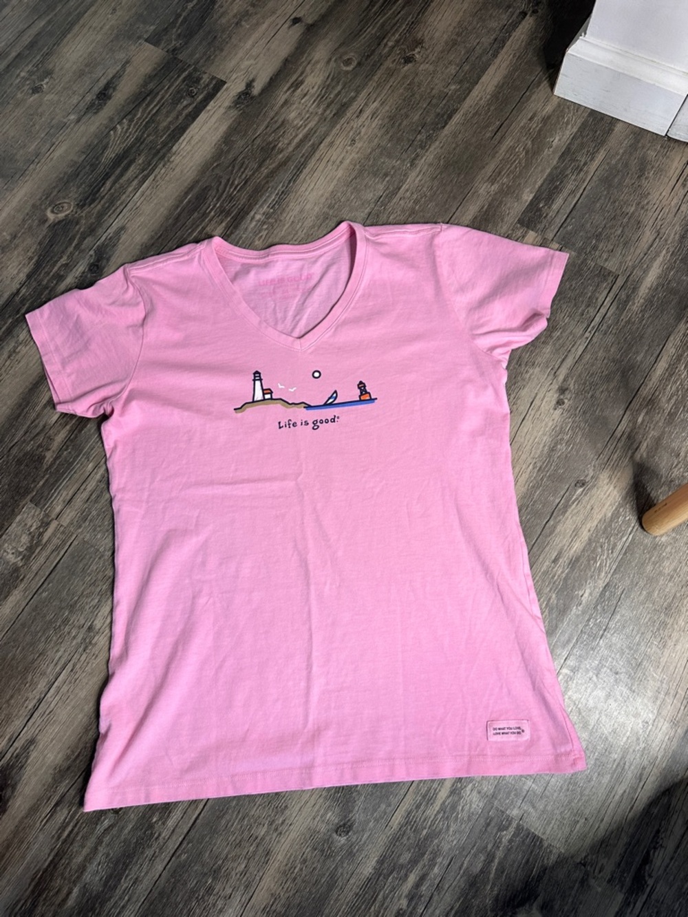 Life Is Good Pink V-Neck Lighthouse Graphic Tee